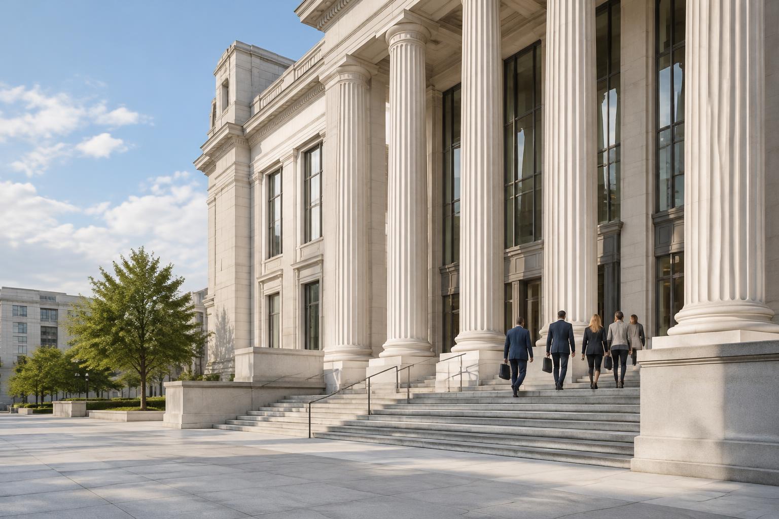 Professionals arriving at the entrance of a civic building